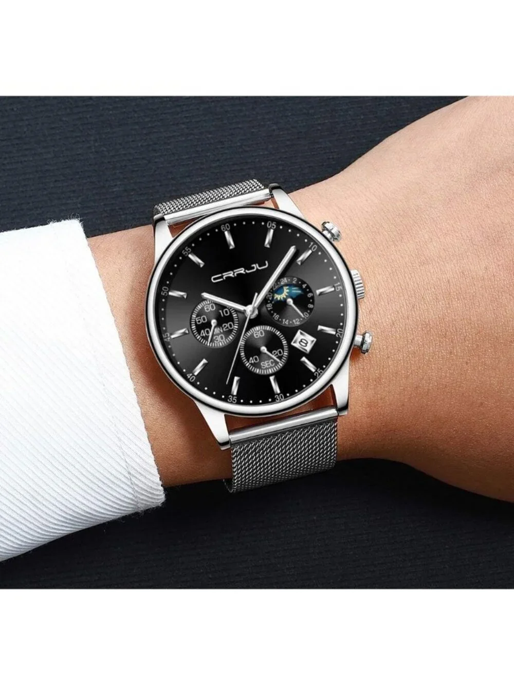 Men's Silver Black Chronograph Auto Date Steel Quartz with Mesh Strap Wristwatch